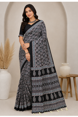 black ajarakh print with mirror crepe silk saree 1