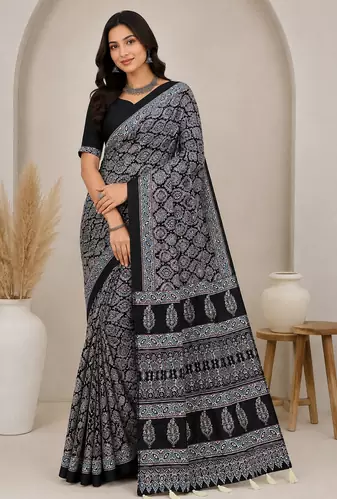 black ajarakh print with mirror crepe silk saree