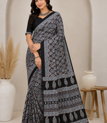 black ajarakh print with mirror crepe silk saree