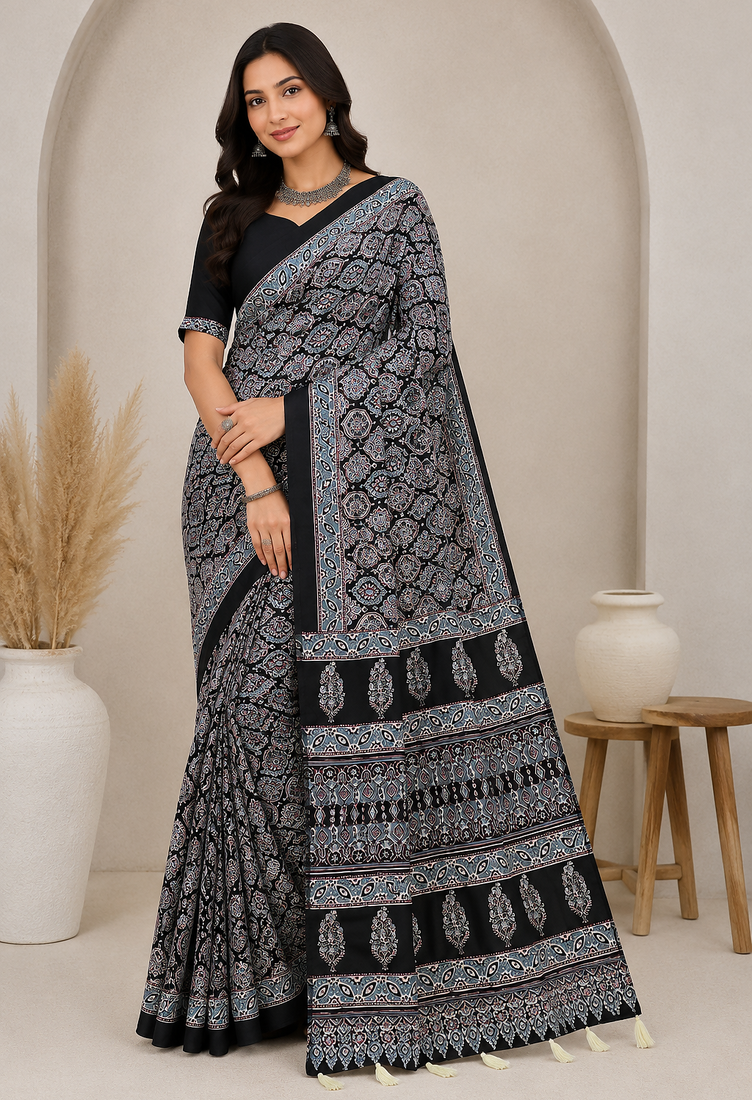 black ajarakh print with mirror crepe silk saree