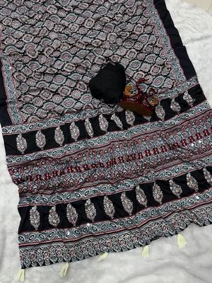 black ajarakh print with mirror crepe silk saree 2