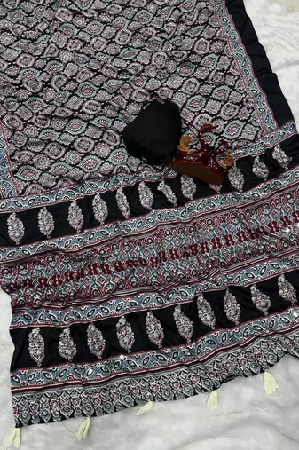 black ajarakh print with mirror crepe silk saree