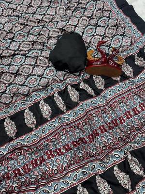 black ajarakh print with mirror crepe silk saree 3