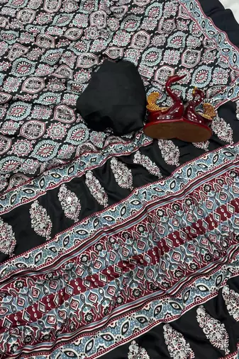 black ajarakh print with mirror crepe silk saree