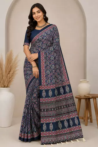 teal ajarakh print with mirror crepe silk saree