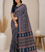 teal ajarakh print with mirror crepe silk saree