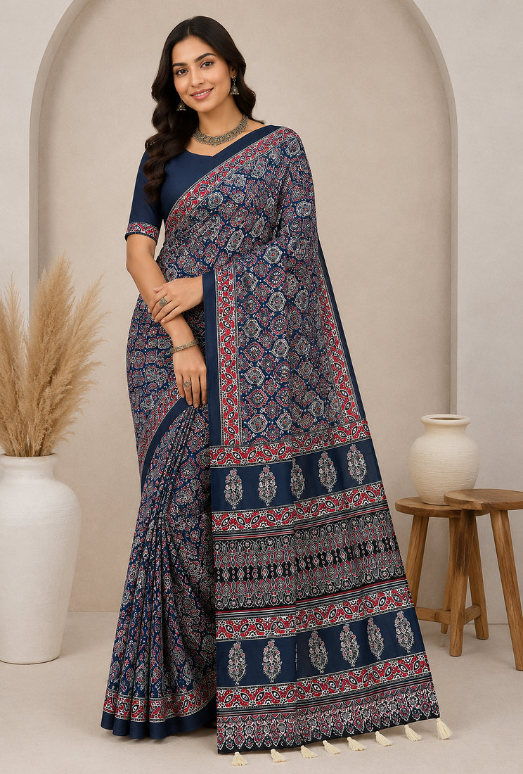 teal ajarakh print with mirror crepe silk saree