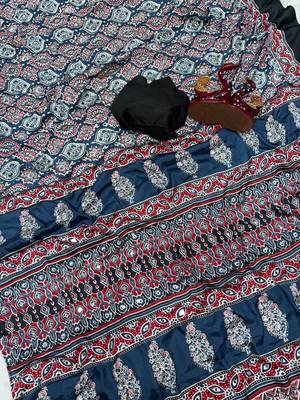 teal ajarakh print with mirror crepe silk saree 2