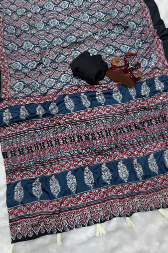 teal ajarakh print with mirror crepe silk saree