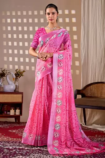 Elegant Pink Printed Linen Saree