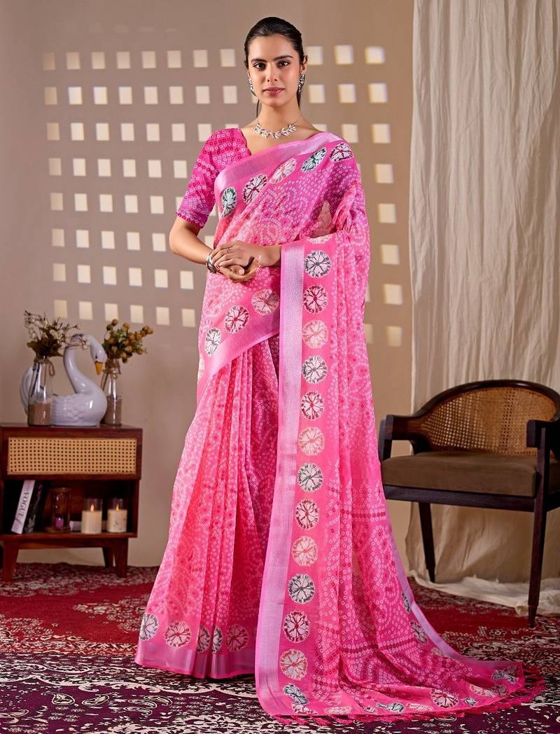 Elegant Pink Printed Linen Saree