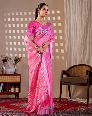 Elegant Pink Printed Linen Saree 2