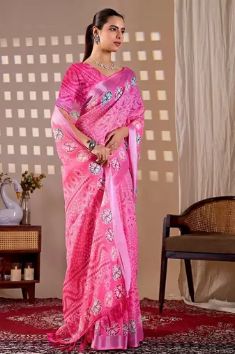 Elegant Pink Printed Linen Saree