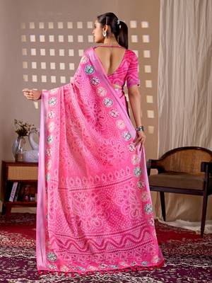 Elegant Pink Printed Linen Saree 3