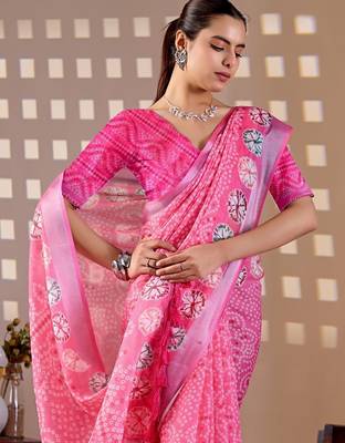 Elegant Pink Printed Linen Saree 4