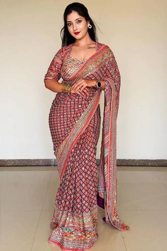 multi gold zari with mirror and diamond silk blend saree