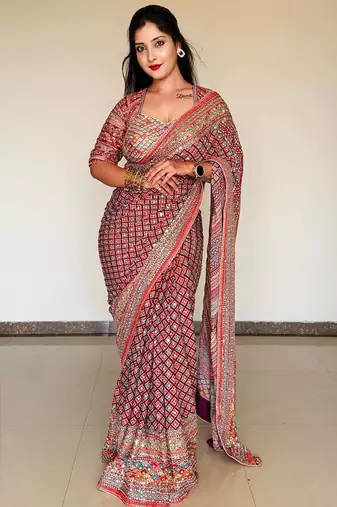 multi gold zari with mirror and diamond silk blend saree