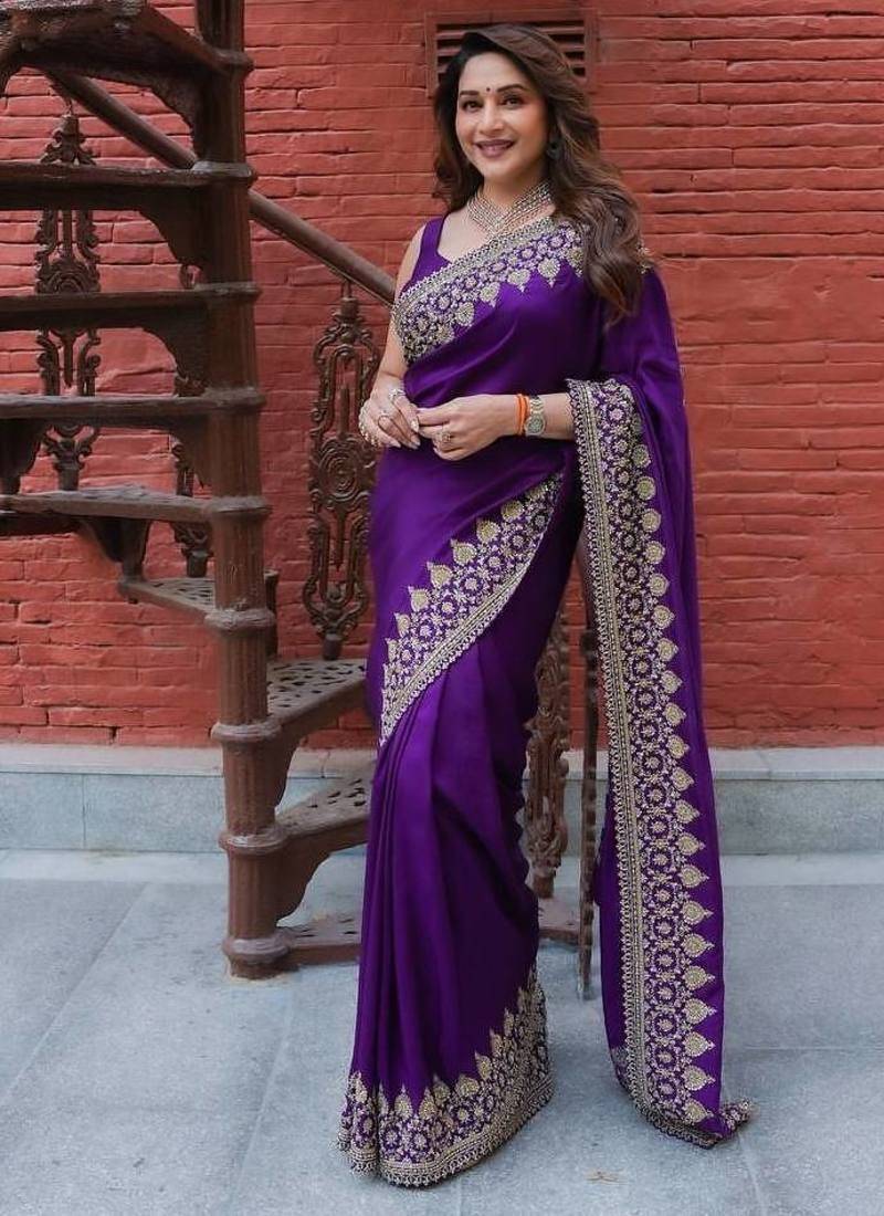 purple sequance and zari embroidery rangoli silk saree