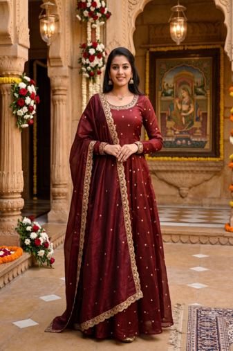 Women's latest designer embroidery anarkali gown with dupatta set