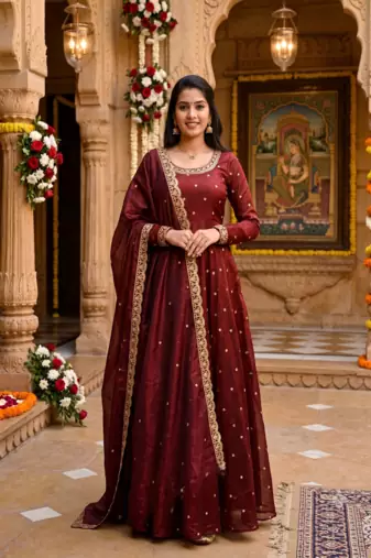 Women's latest designer embroidery anarkali gown with dupatta set