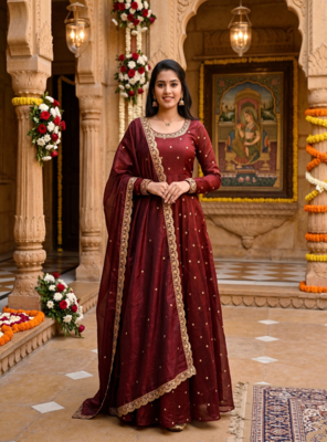Women's latest designer embroidery anarkali gown with dupatta set 1
