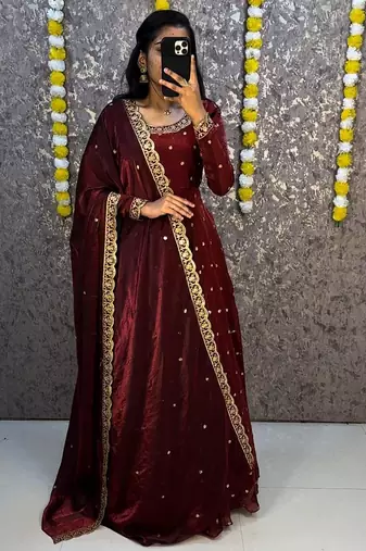 Women's  new trendy latest designer embroidery anarkali gown with dupatta set