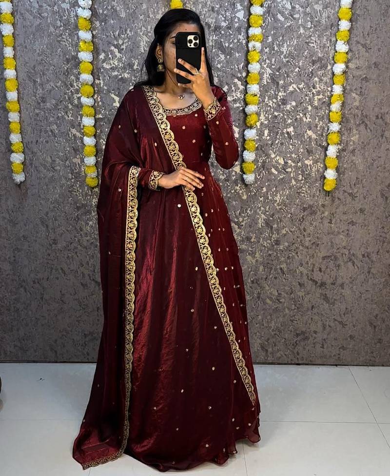 Women's  new trendy latest designer embroidery anarkali gown with dupatta set