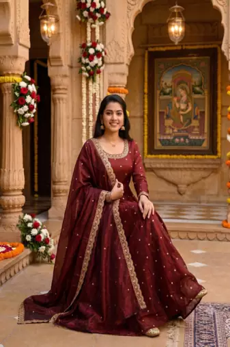 Women's latest designer embroidery anarkali gown with dupatta set