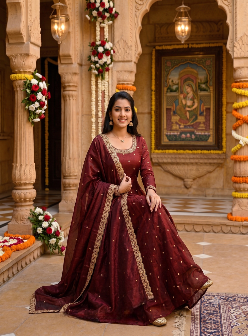 Women's latest designer embroidery anarkali gown with dupatta set
