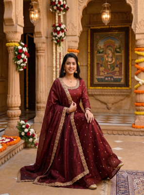 Women's latest designer embroidery anarkali gown with dupatta set 2