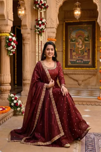 Women's latest designer embroidery anarkali gown with dupatta set
