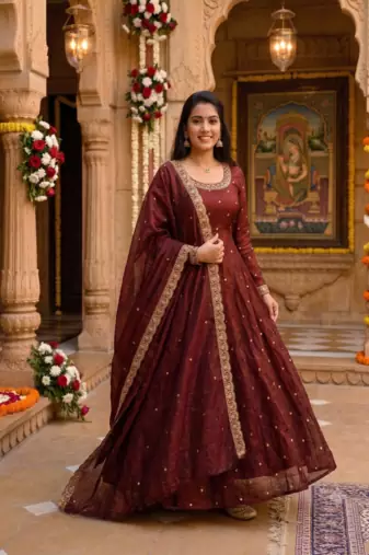 Women's latest designer embroidery anarkali gown with dupatta set