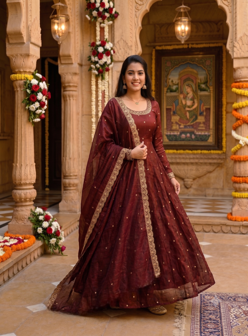 Women's latest designer embroidery anarkali gown with dupatta set