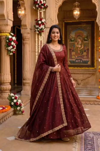 Women's latest designer embroidery anarkali gown with dupatta set