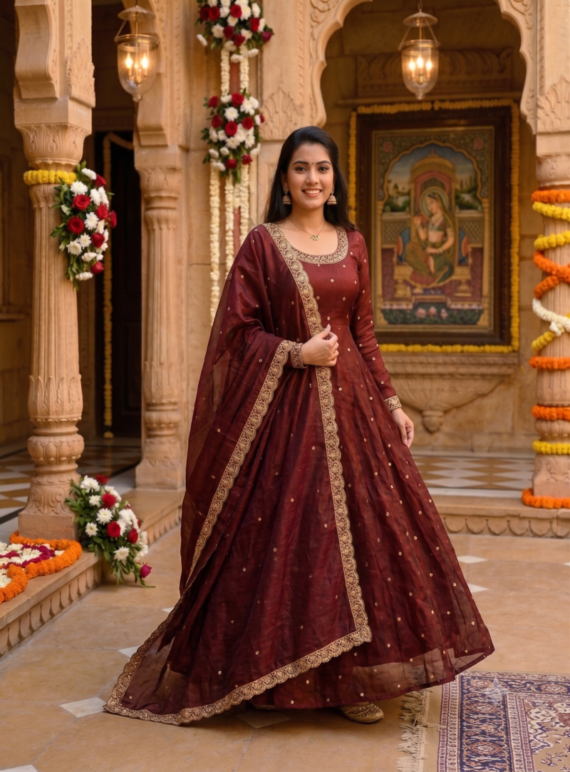 Women's latest designer embroidery anarkali gown with dupatta set