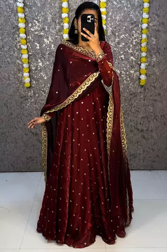 Women's new trendy latest designer embroidery anarkali gown with dupatta set