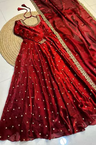 Women's new trendy latest designer embroidery anarkali gown with dupatta set