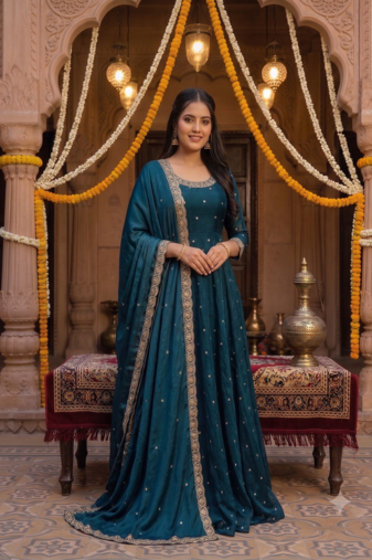 Women's latest designer embroidery anarkali gown with dupatta set