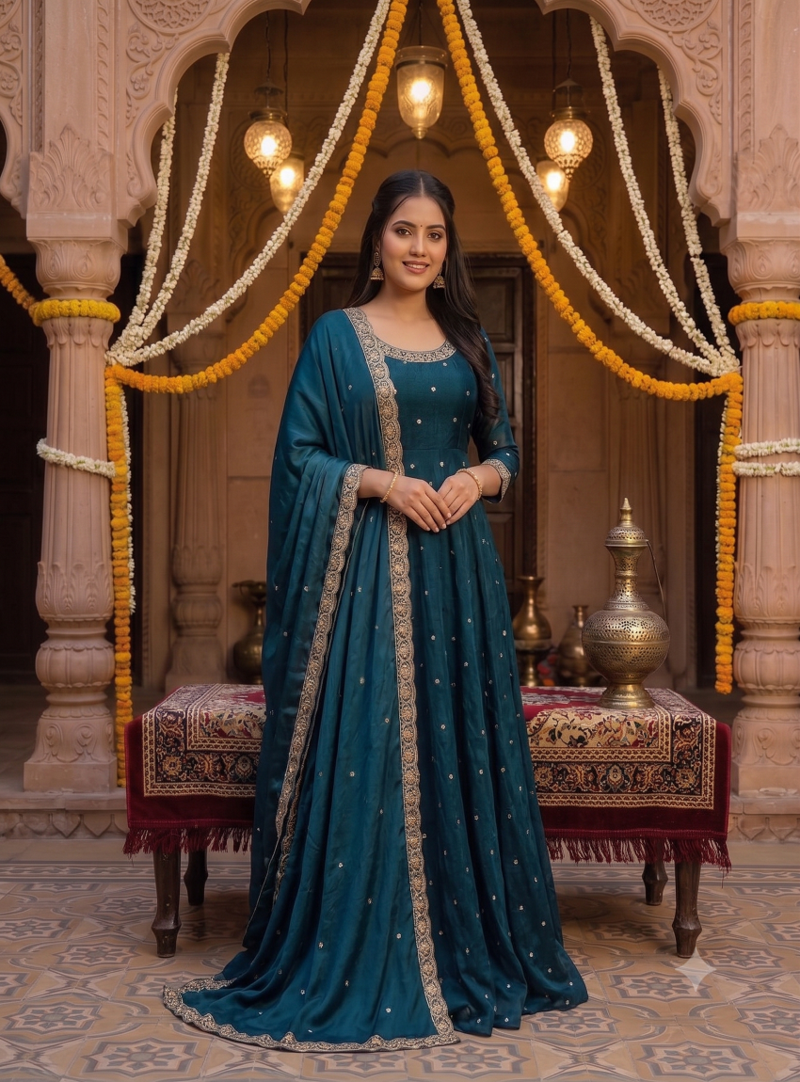 Women's latest designer embroidery anarkali gown with dupatta set