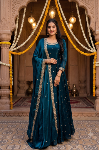 Women's latest designer embroidery anarkali gown with dupatta set