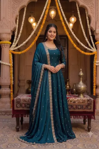 Women's latest designer embroidery anarkali gown with dupatta set