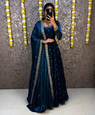 Women's latest designer embroidery anarkali gown with dupatta set 1