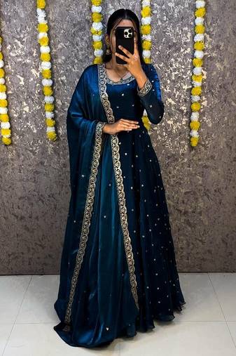 Women's  new trendy latest designer embroidery anarkali gown with dupatta set