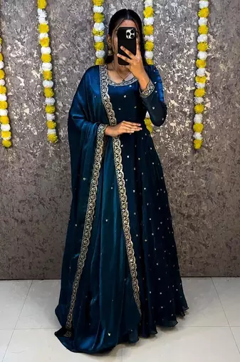 Women's  new trendy latest designer embroidery anarkali gown with dupatta set