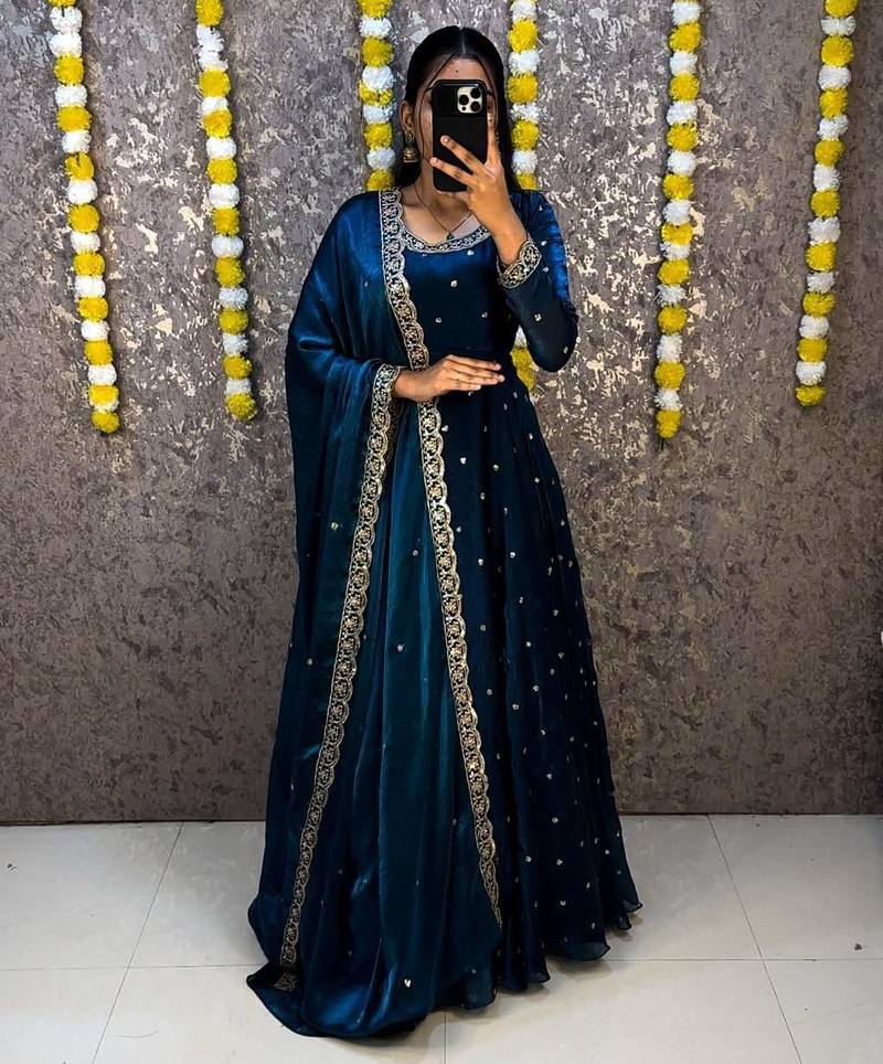 Women's  new trendy latest designer embroidery anarkali gown with dupatta set