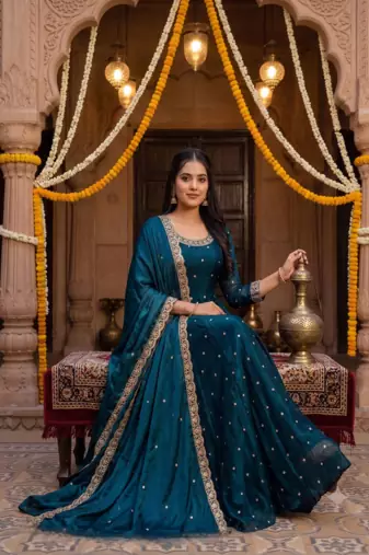 Women's latest designer embroidery anarkali gown with dupatta set
