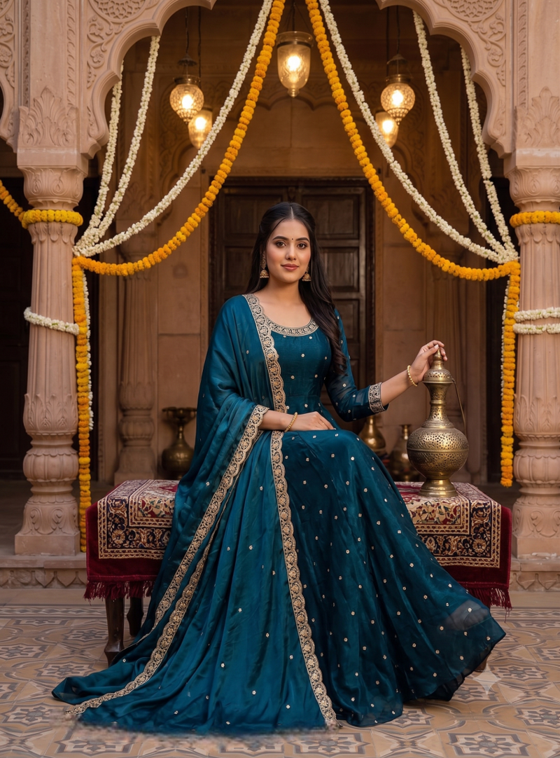 Women's latest designer embroidery anarkali gown with dupatta set
