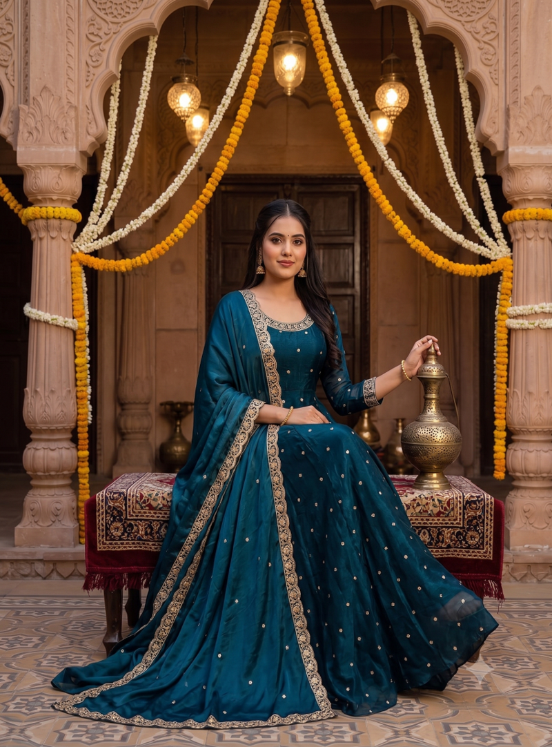 Women's latest designer embroidery anarkali gown with dupatta set