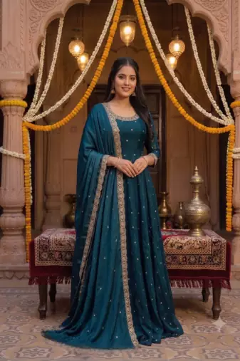 Women's latest designer embroidery anarkali gown with dupatta set