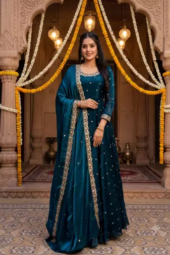Women's latest designer embroidery anarkali gown with dupatta set